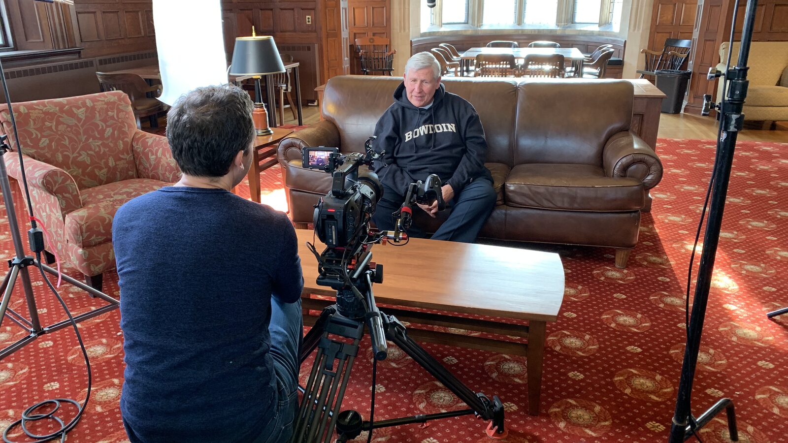 Filming an interview at Bowdoin College